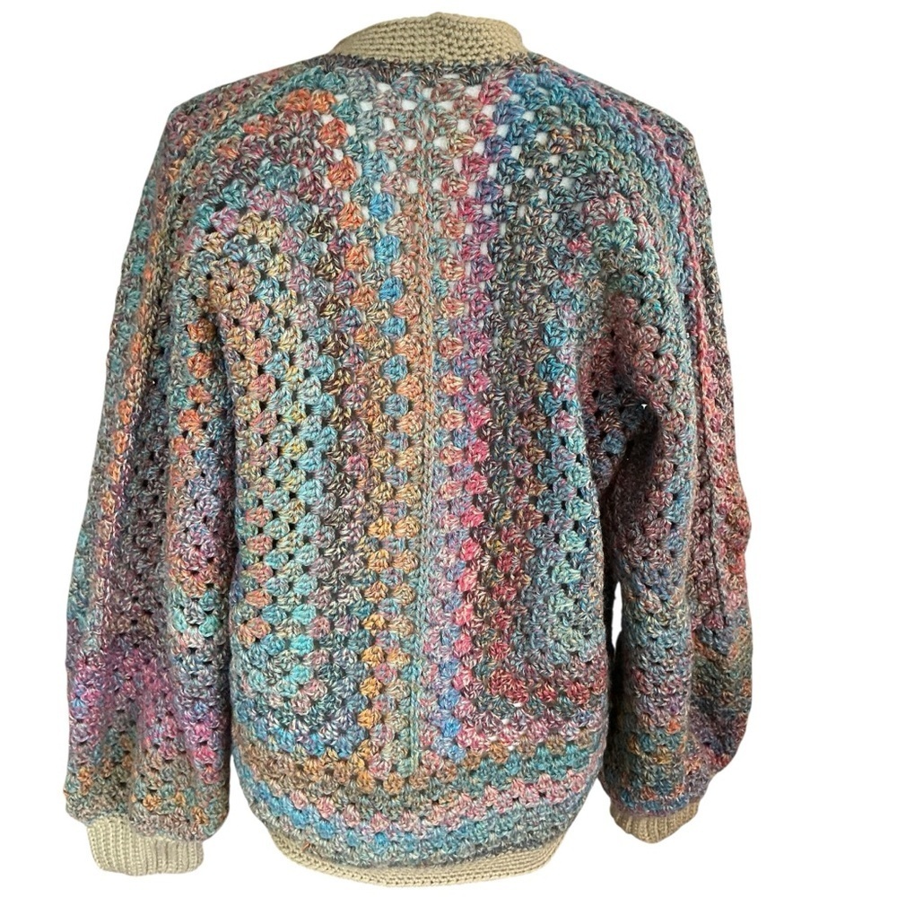 Handcrafted Crochet Hexagon Cardigan Sweater Open Front Wide Sleeve 2 Pockets - Picture 4 of 16
